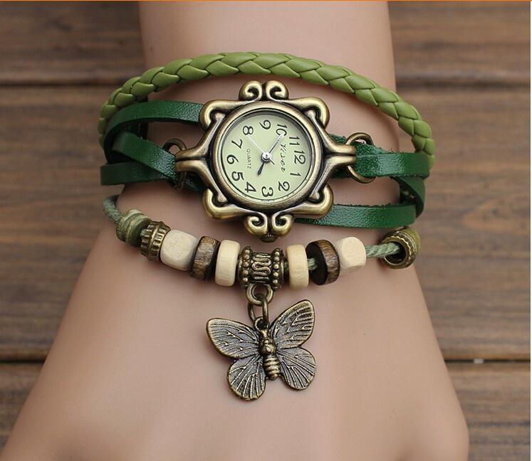 Vintage Schmetterlings Armbanduhr Leder Mode Damen Quarzuhr