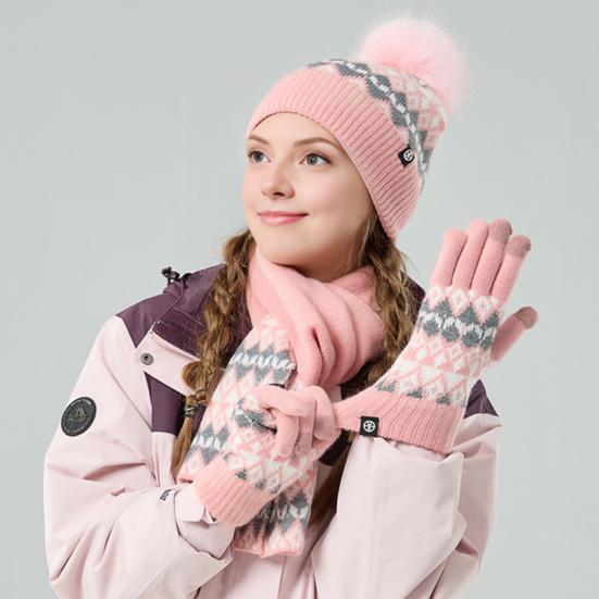 Dámská zimní čepice, šála a rukavice s bambulí, teplá čepice, dlouhá pletená šála, sada rukavic pro dotykový displej, silná teplá sada 3 v 1