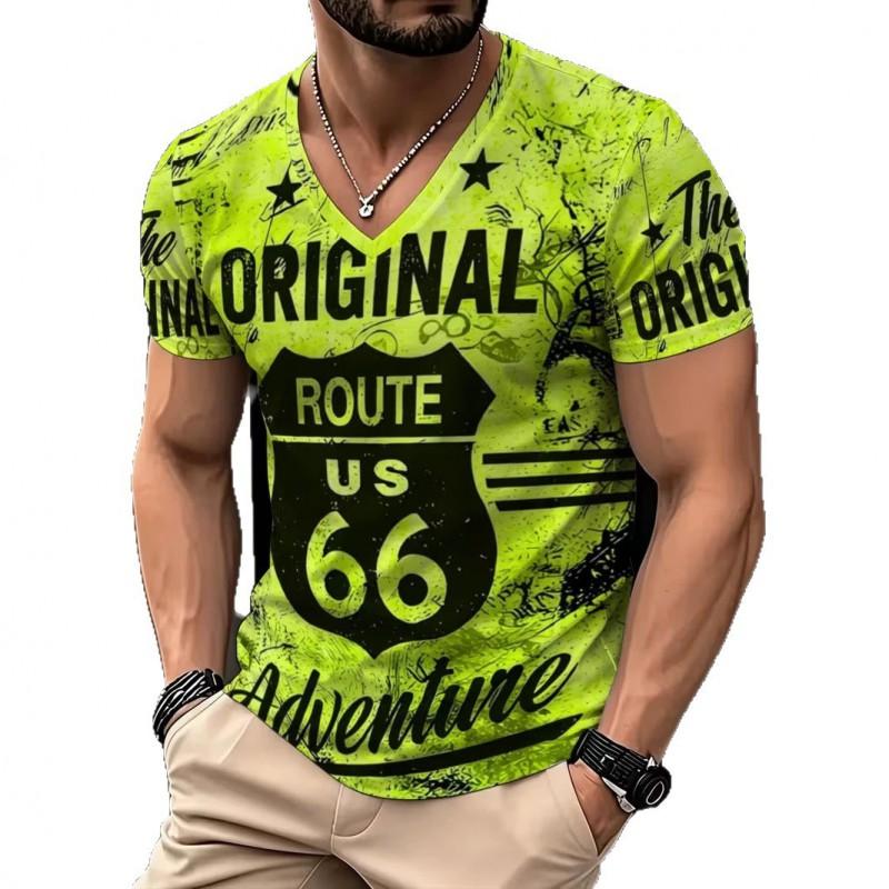 Mens V-Neck Short Sleeve T-Shirt With 3D Creative Print Breathable Cotton Blend Slim Fit Casual Tee