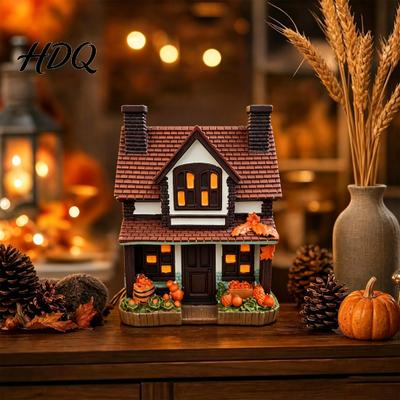 Soft Glow Pumpkin Lamp Vintage Light-Up Pumpkins Cottage Halloween Lighted Manor Figurine Decor Indoor Fall Autumn Night Light Spooky Table