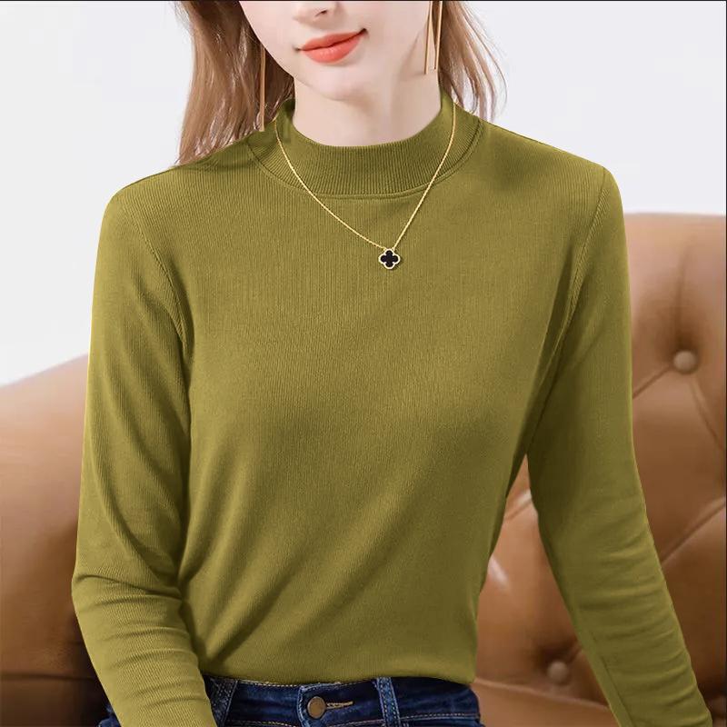 Women's Slim-Fit Ribbed Plush Long-Sleeve Thermal Top for Autumn & Winter