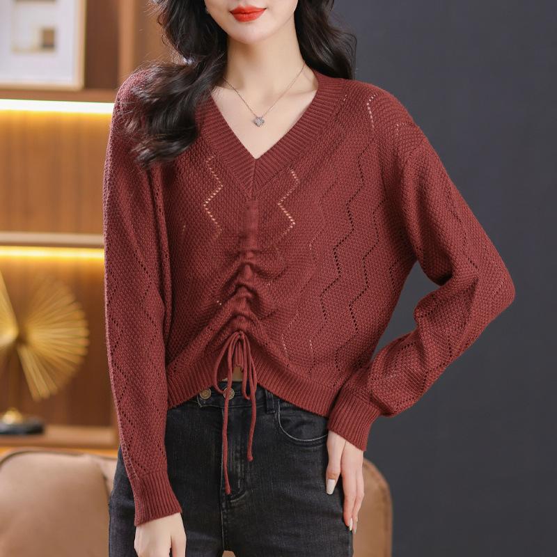 Fashion temperament drawstring top Hollow design Simple long-sleeved solid color v-neck knitted sweater Skinny women's summer