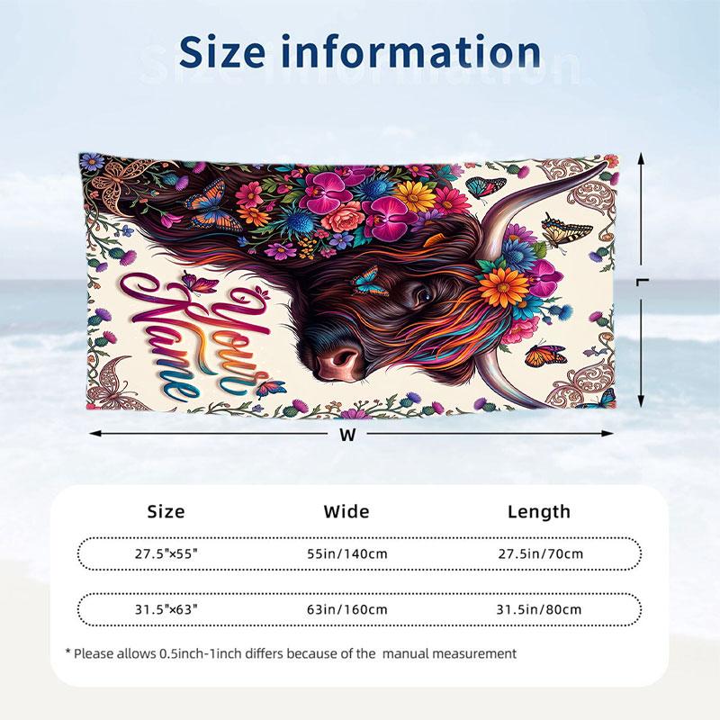 Cow Highland Theme Beach Towel Personalized Custom Name & Text Soft Quick Dry Beach Towel for Swimming Travel
