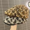 Pu Leather Brim Lamb Wool Berets Hat Keep Warm Women Newsboy Caps Retro Leopard Print Berets  Girl