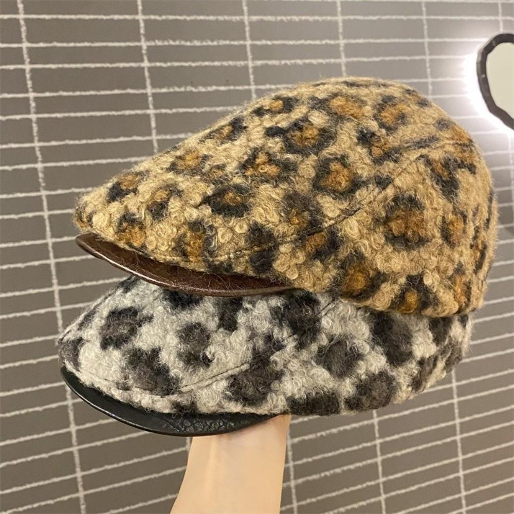 Pu Leather Brim Lamb Wool Berets Hat Keep Warm Women Newsboy Caps Retro Leopard Print Berets  Girl