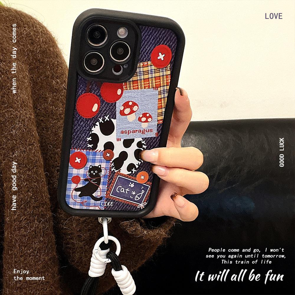 Denim Cat Splicing Suitable for Iphone16Promax Mobile Phone Case Apple 15 Couple with Lanyard Full Cover Shell