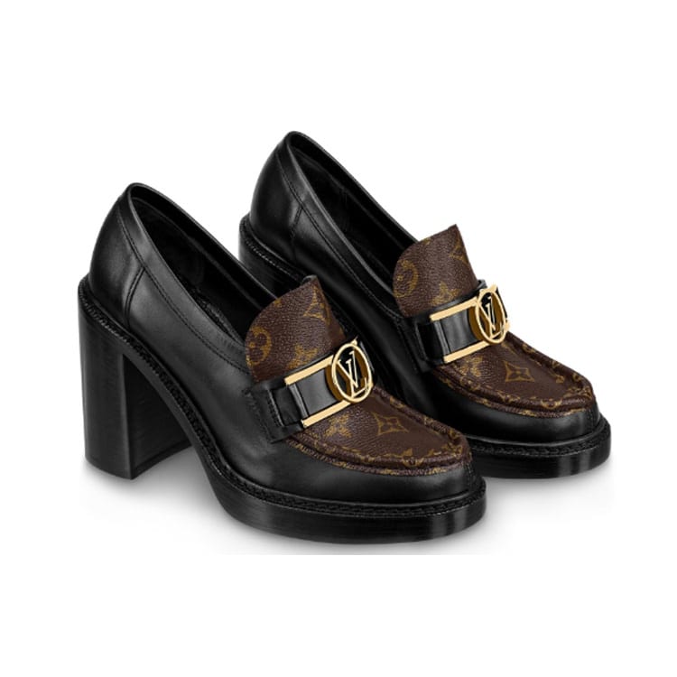 Louis Vuitton Academy Heeled Loafers 'Black With Brown Monogram' Women's 1A86LV