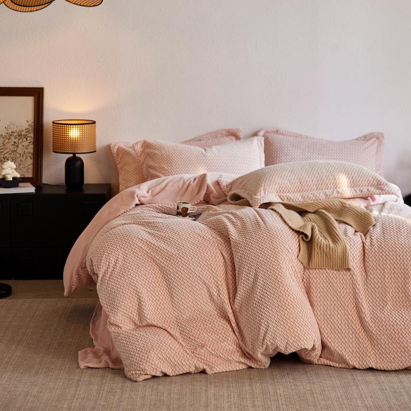 Four-Piece Set Of Thickened Milk Fleece Bed Antistatic High Gram Weight Coral Fleece Engraving Three-Piece Set