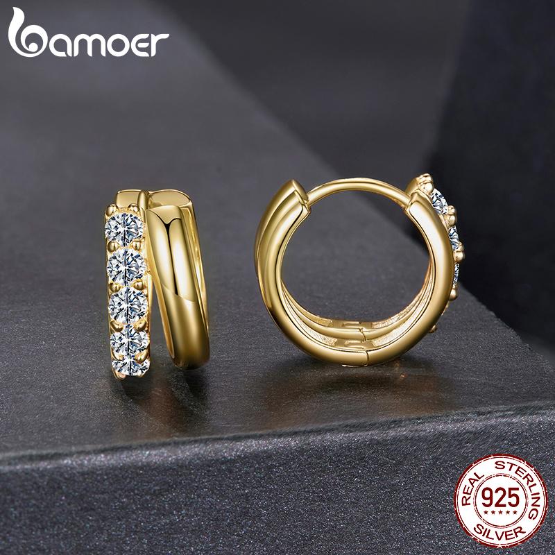 BAMOER 0.3CT Double-layer Moissanite Huggies Earring, 925 Silver Sparking Hoop Earring for Women Hypoallergenic Jewelry
