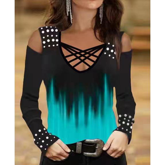 Top da donna Moda da donna Stampa a fiamma Manica lunga Slim Scollo incrociato Taglie forti T-shirt Top stampato morbido confortevole