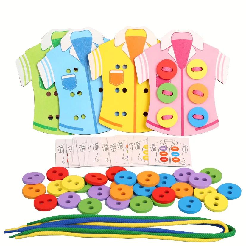 

4pcs/set Wooden Clothes Wearing Rope Handmade Threading Game Montessori Educational Toys Kids Hand-eye Coordination Training