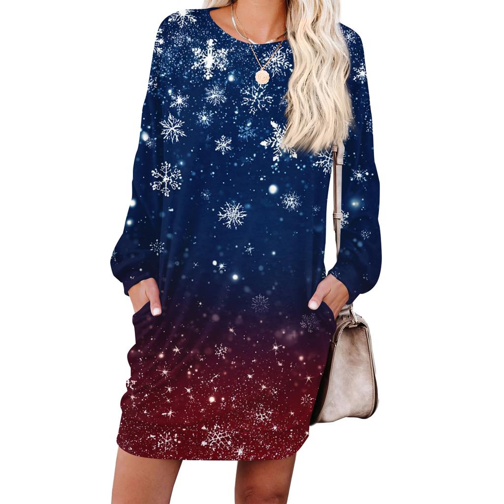 Women's Snowflake Print Fashionable Long-sleeved Round-neck Pocket Dress