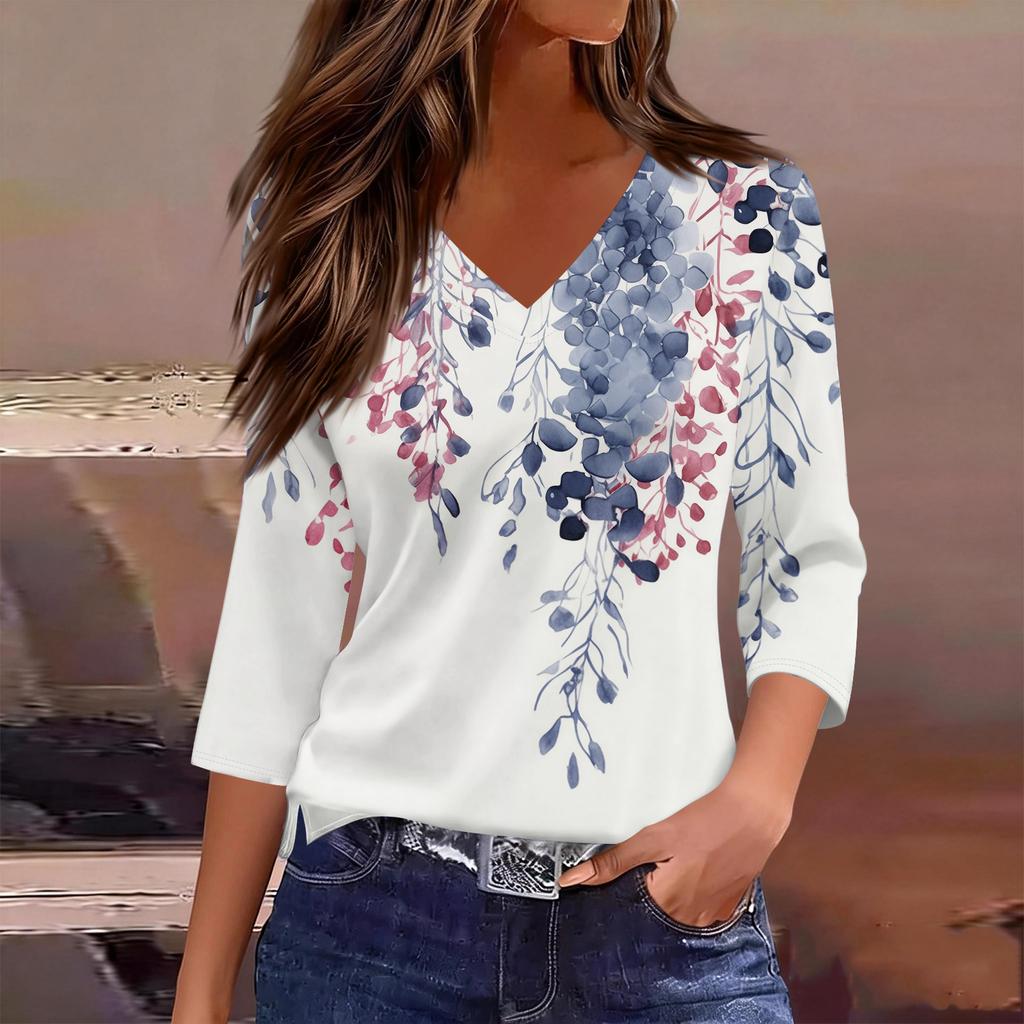 Womens Spring Tops V Neck 34 Sleeve Lightweight Summer Shirts for Women Casual Printed Blouse Womens Summer T Shirts Dressy Tops for Women