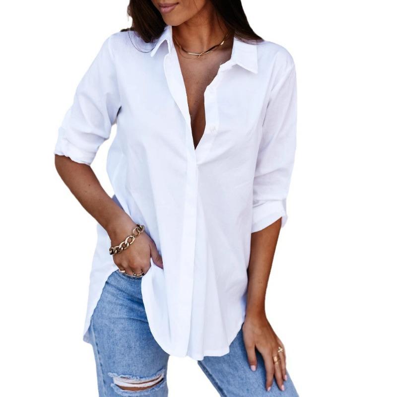 Fashion Long Sleeved Simple Loose Office Women Shirt Button-up Lapel Solid Color Casual Blouse Spring Autumn Solid Color Elegant Basic Tops Clothing