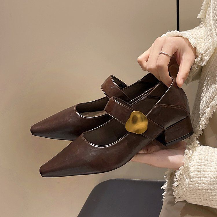 Pointed head shallow mouth single shoes women's middle heel 2025 new spring and autumn French temperament thick heel Mary Jane shoes retro small le