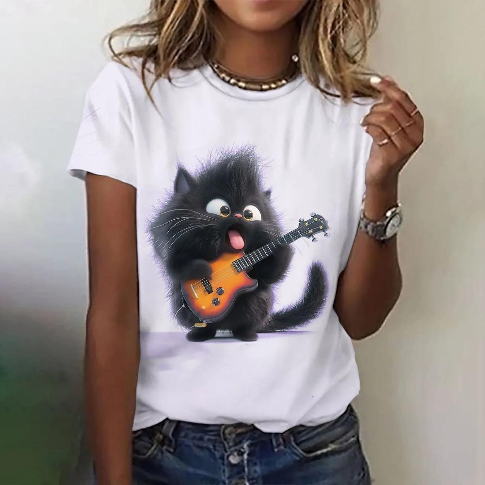 Cute cat 3D printed women's loose round neck short sleeved T-shirt
