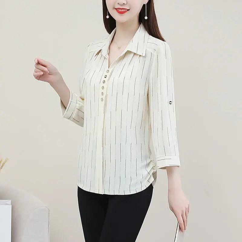 Women's Cream Striped Blouse Convertible Sleeve Office Shirt