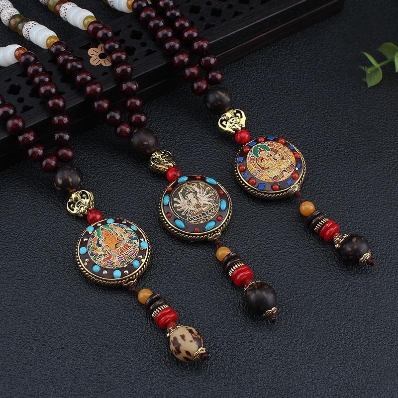 Handmade Nepal Buddhist Mala Bead Pendant Necklace Ethnic Wooden Jewelry Gifts for Women