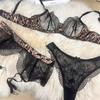 Set sesso Sexy donna francese ultrasottile stampa leopardata pizzo ricamato taglia piccola grande set tre pezzi