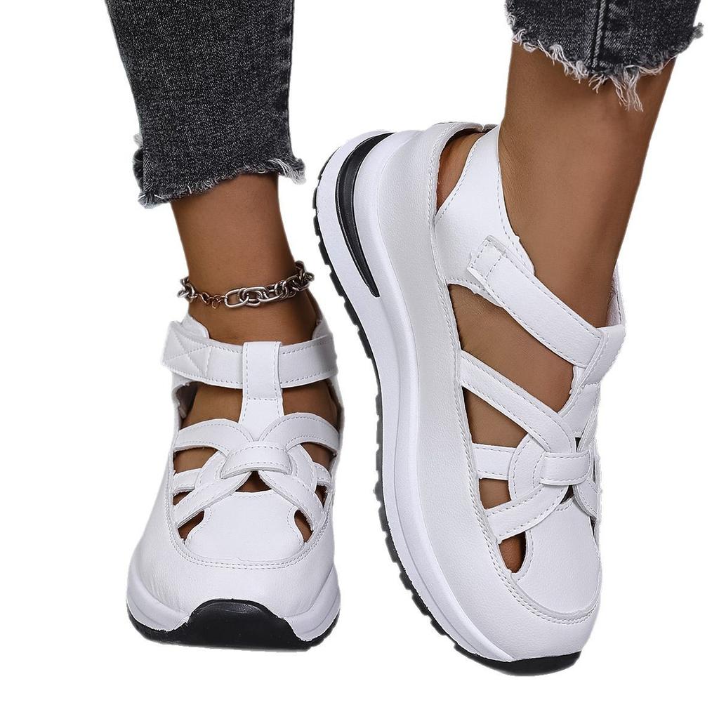 Summer Slope Heel Sandals Bag Head Hollow Breathable Large Size Muffin Thick Sole Velcro Sandals