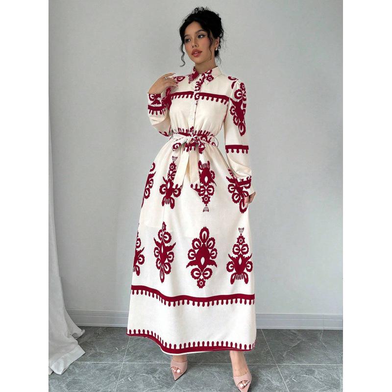Live Shot 2025 European and American Fashion Long Sleeve Waist-Gathering Print Shirt Dress XXL
