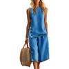 Women Sleeveless Button Decor Top with Side Slits and Mid-Length Loose Fit Pants Two-Piece Set Casual Summer Outfit Linen Blend