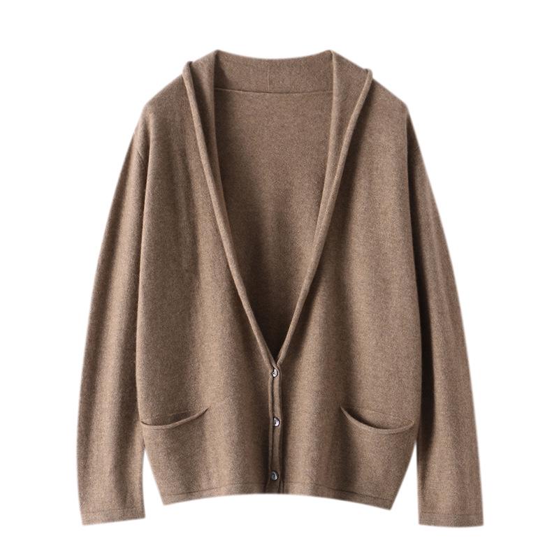 Le Kasha Women's 2026 V-neck Cashmere Cardigan - Korean Style, Autumn/Winter, Loose Fit, Buttoned Coat