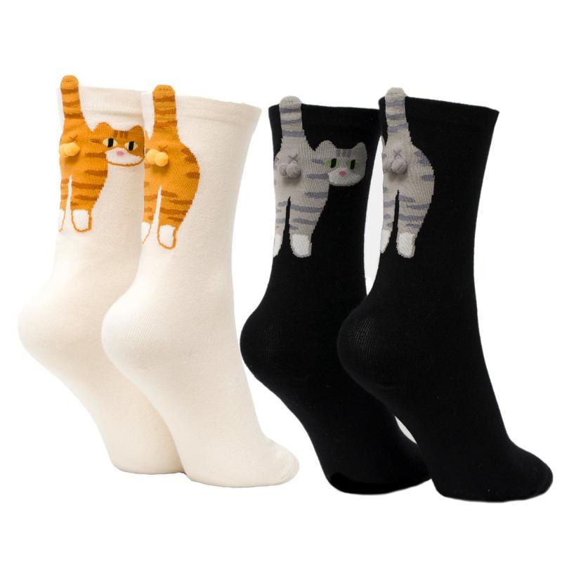 

2Pairs New Cartoon Cute 3D Cat Butt Mid-Tube Socks Cotton Casual Socks Funny Cat Egg Floor Sock for Women Girls Couple Gifts 14x16cm