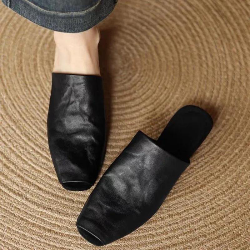Retro Square Head Slip-On Mules Women's Summer Outdoor Wear French Casual Flat Head Sandals New 2025 Fashion Rubber Upgraded Ver