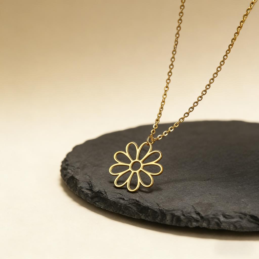 Open Daisy Flower Pendant Necklace, Stainless Steel Minimalist Floral Jewelry, Dainty Chain Gift for Women & Nature Lovers