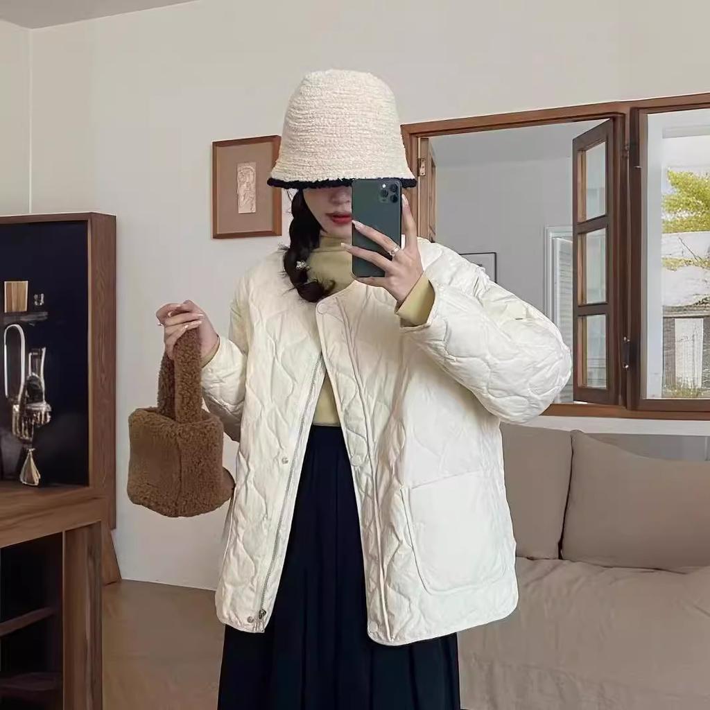 White duck down light rhombus grid down jacket women's gourd autumn and winter clothing new high-end large-size loose round neck jacket