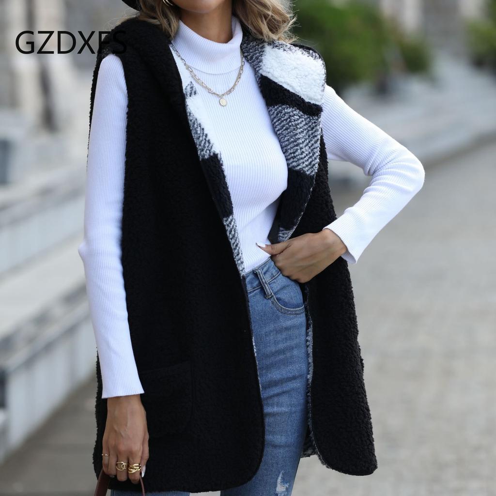 Neue lässige Midi-Kapuzenjacke für Damen, ärmellos, kariert, lockere Jacke aus Doppel-Wildleder