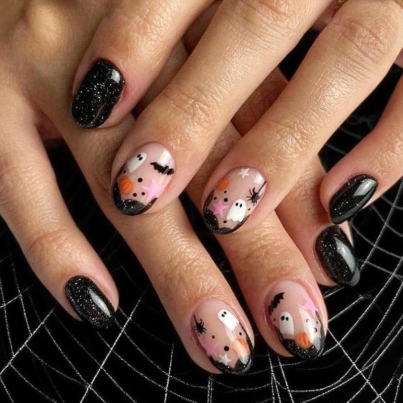 Halloween Press on Nails Medium Almond Fake Nails with Designs Cute Ghost Stick on Nails Rainbow Swirl False Nails Bat Acrylic Nails Cobweb