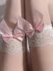 1Pair Sweet Lolita Style Skin Tone Sheer Thigh Highs With Lace & Pink Bows, Soft Skin-Friendly Hosiery For Daily & Date Outfits