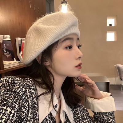 Mohair Knitted Beret Women's Autumn and Winter Plush Painter's Hat Versatile Large Head Circumference Showing Face Small Woolen Hat
