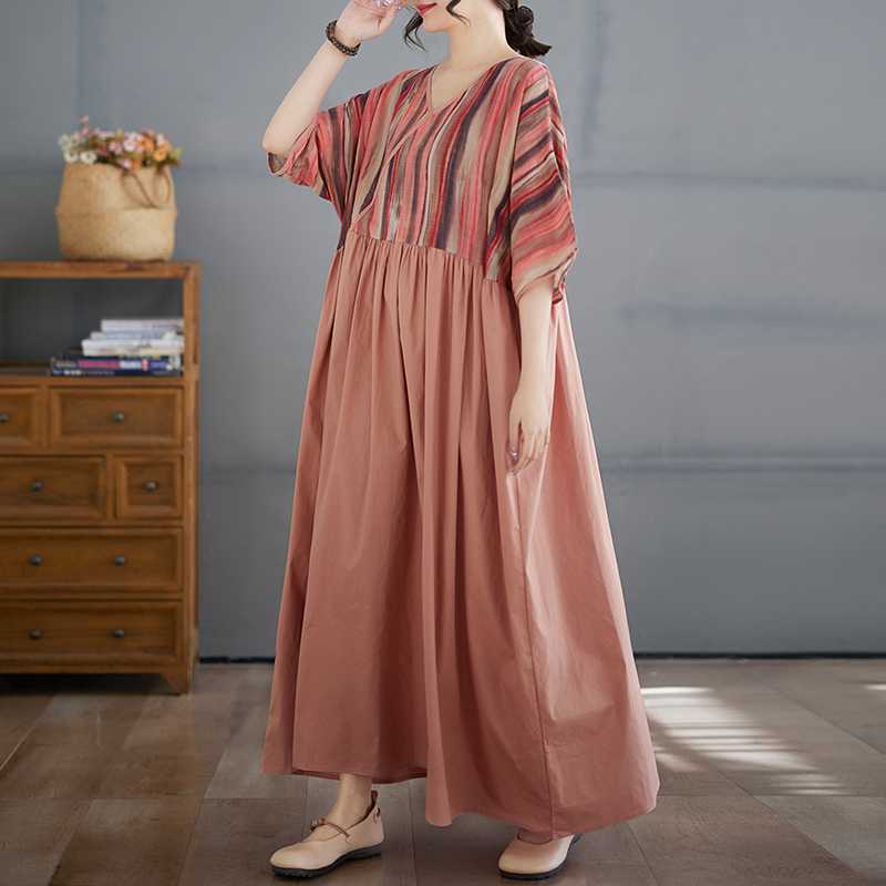 Algodón y Lino Verano Patchwork Estilo Retro Vestido Falda Larga