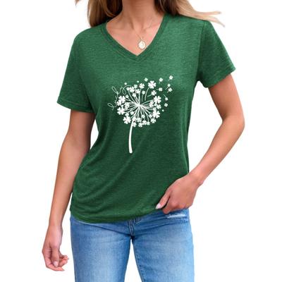 Summer V-neck 3D Dandelion Pattern Printed Top Fashionable Casual Short Sleeved Women's T-shirts