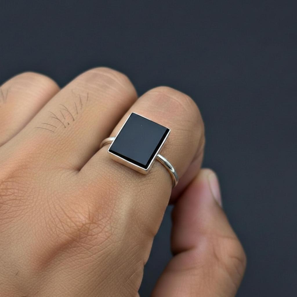 Handmade Black Onyx Statement Ring, 925 Sterling Silver Jewelry, Minimalist Rectangular Boho Gemstone Ring