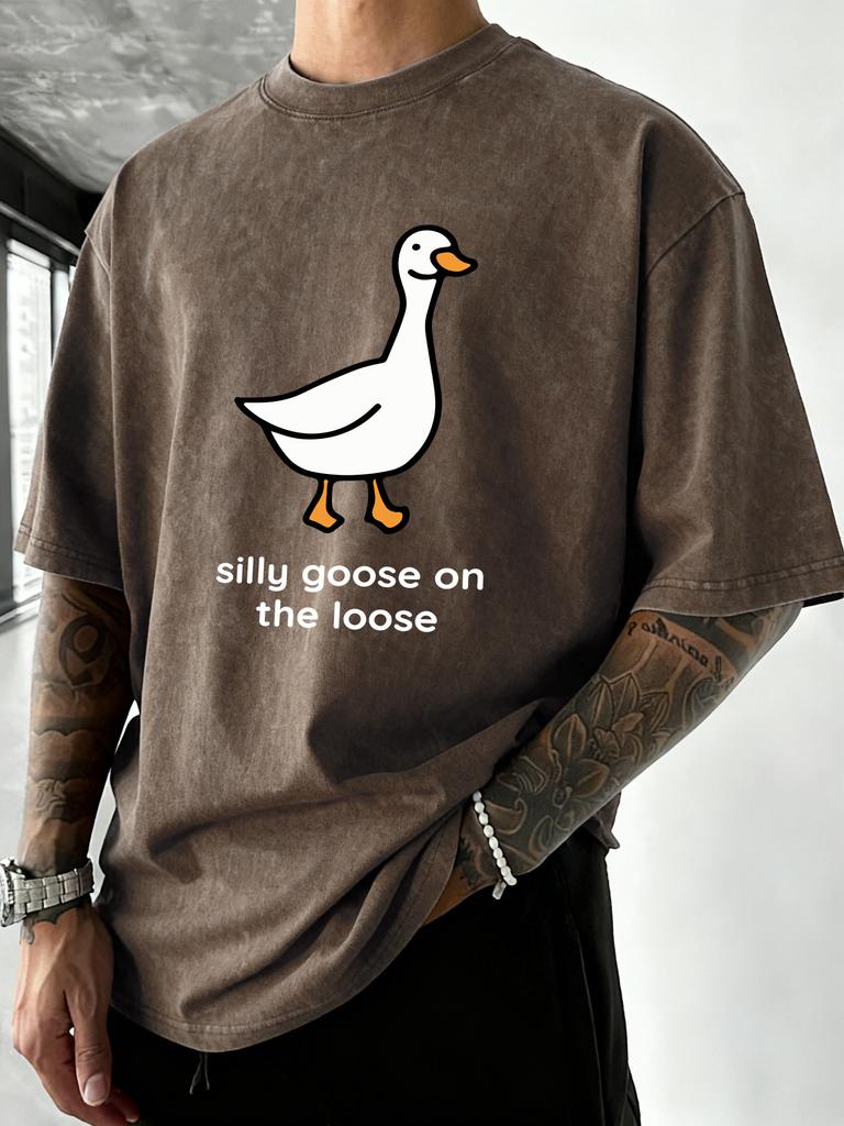 Sillu Goose On The Loose Printed Men Washed TShirt Summer ONeck T Shirt Oversize Cotton Unisex Clothes Casual Short Sleeve