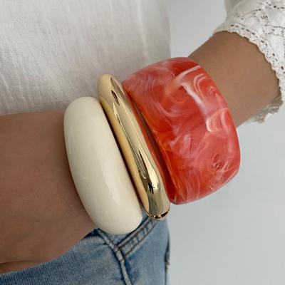 Salircon 3 Styles Punk Big Geometric Acrylic Resin Wide Bracelet Bangles Women Vintage Square Gold Color Metal Bracelets Jewelry