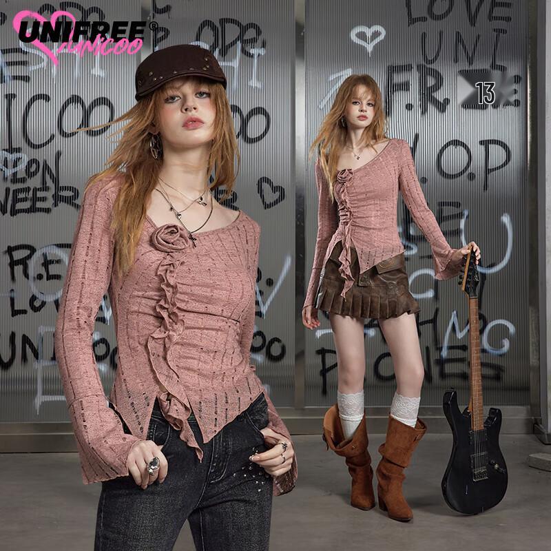 UNIFREE Women s 3D Floral Flared Sleeve Long-Sleeve T-Shirt L