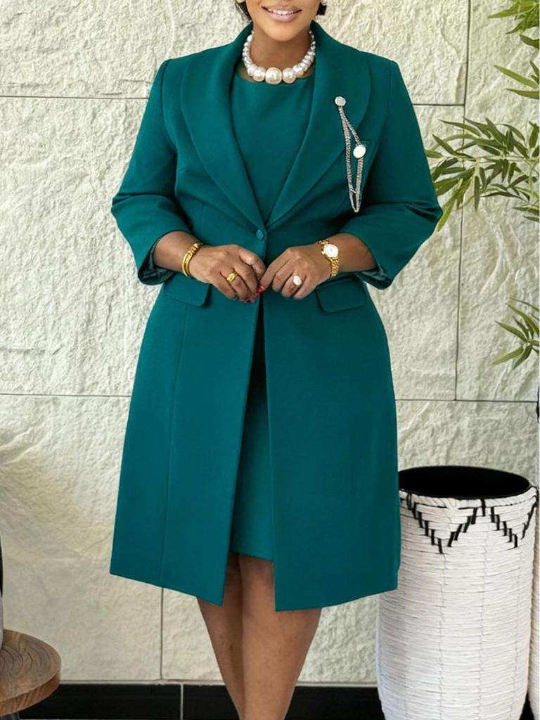 D610 Women's Elegant Stretchy Slim Fit Solid Color Suit Jacket & Camisole Dress: African Fashion Two-Piece Set