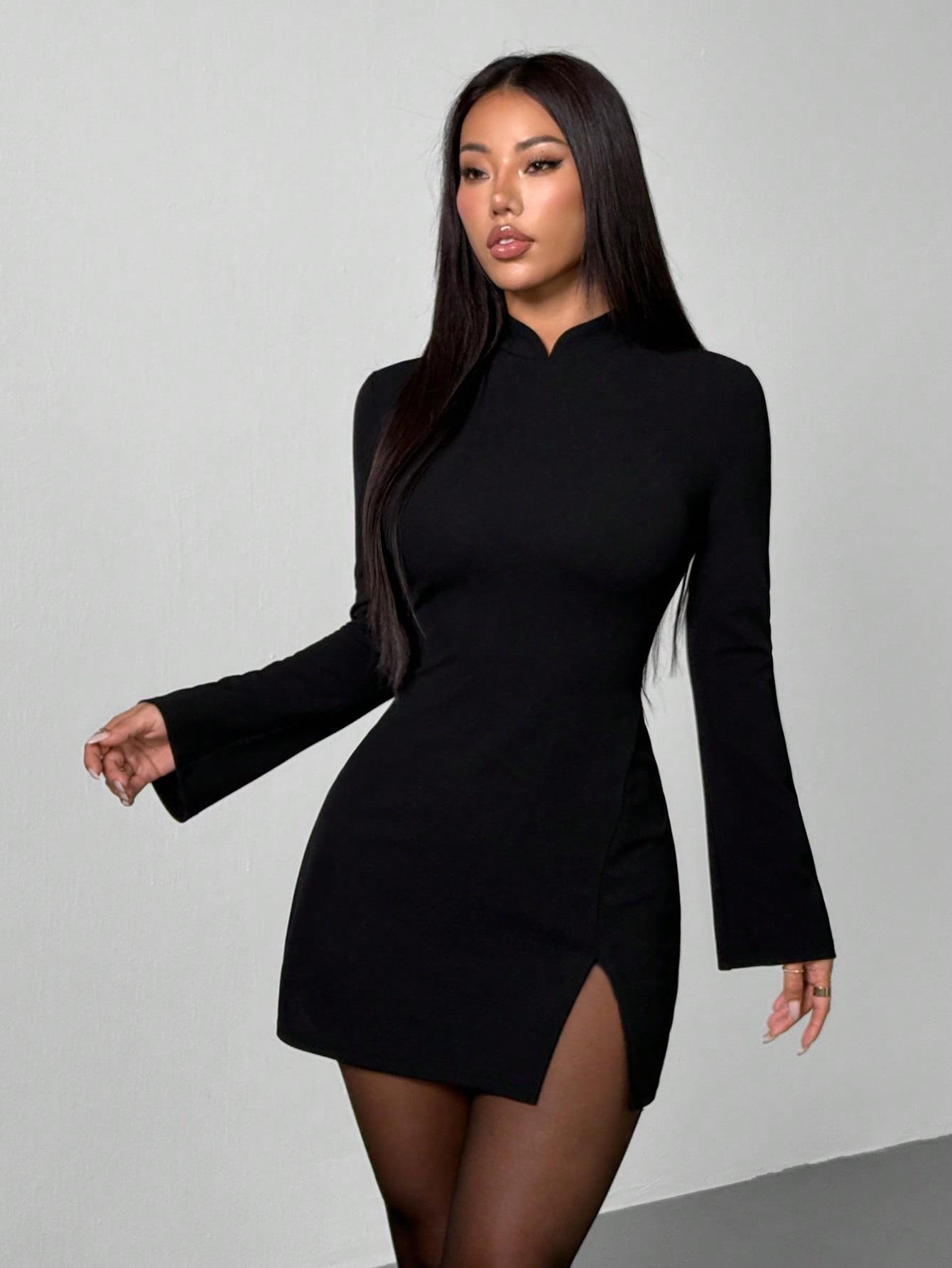 Spring 2026 European & American Slim Fit Women s Dress – Sexy, Stylish, Slit Design, Half-high Collar XXL чёрный