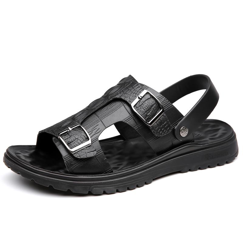 

Summer New Fashion Men Sandals Crocodile Pattern Leather Beach Slippers Male Non-slip Soft Comfortable Outdoor Shoes 38 чёрный