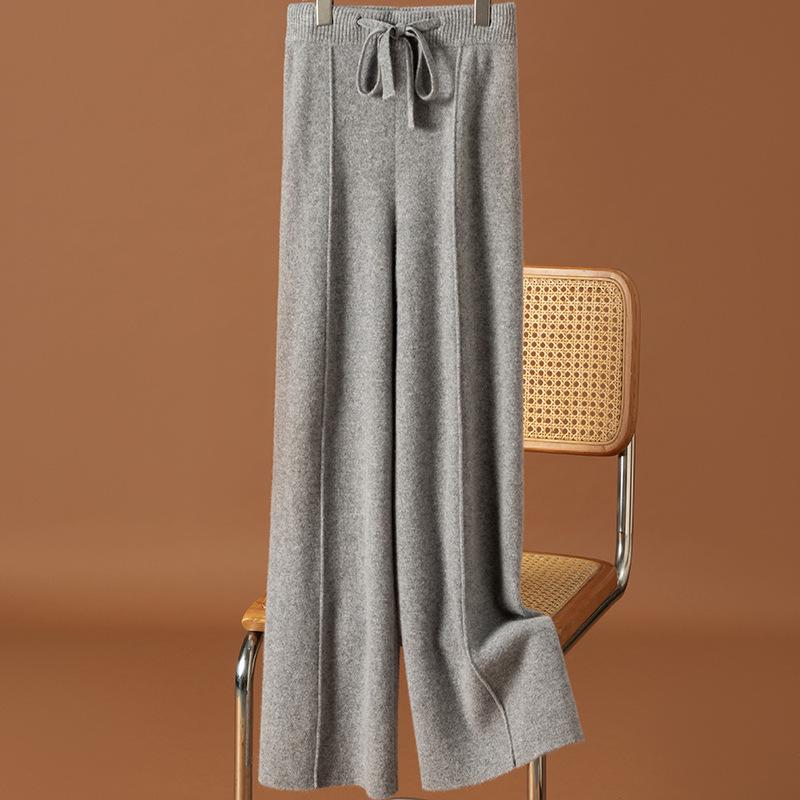 Women's High Waist Wool Wide-Leg Pants: Autumn/Winter Drape Loose Cashmere Knit Casual Wear.