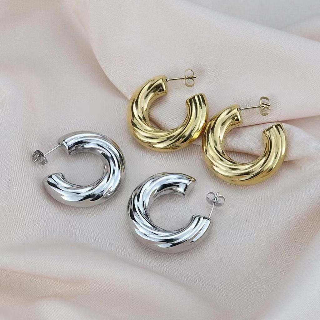 Elegant 18K Gold Twisted Hollow Titanium Steel Earrings - Trendy, Large, C-Shaped Design for Women