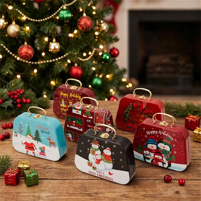 Holiday Gift Tin Box Christmas Metal Treat Container with Handle and Lid Closure for Small Gifts, Dessert Table Use