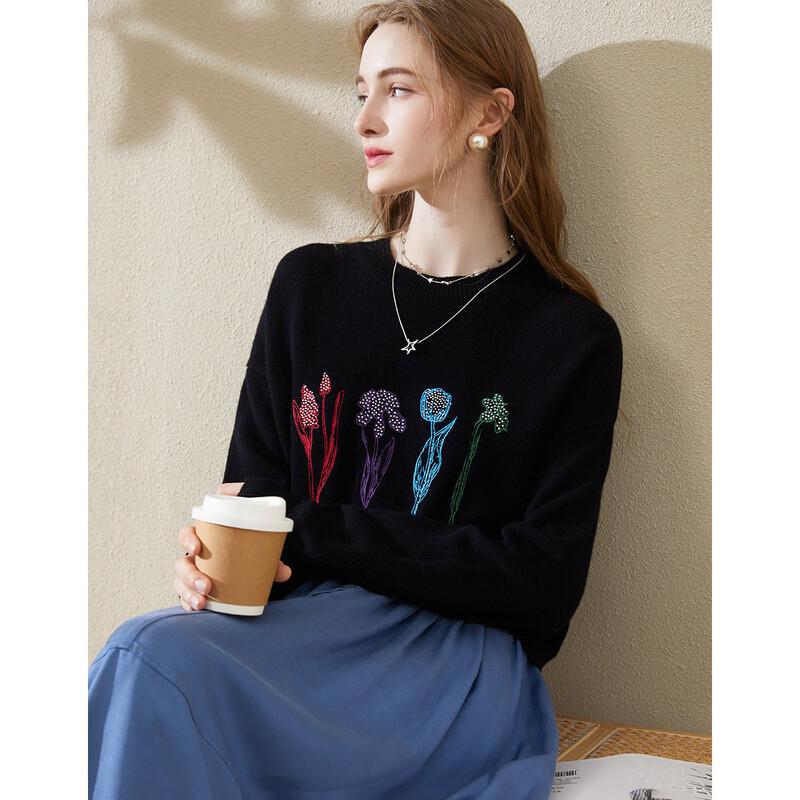 TUHUANG Women's Pure Wool Embroidered Round Neck Sweater