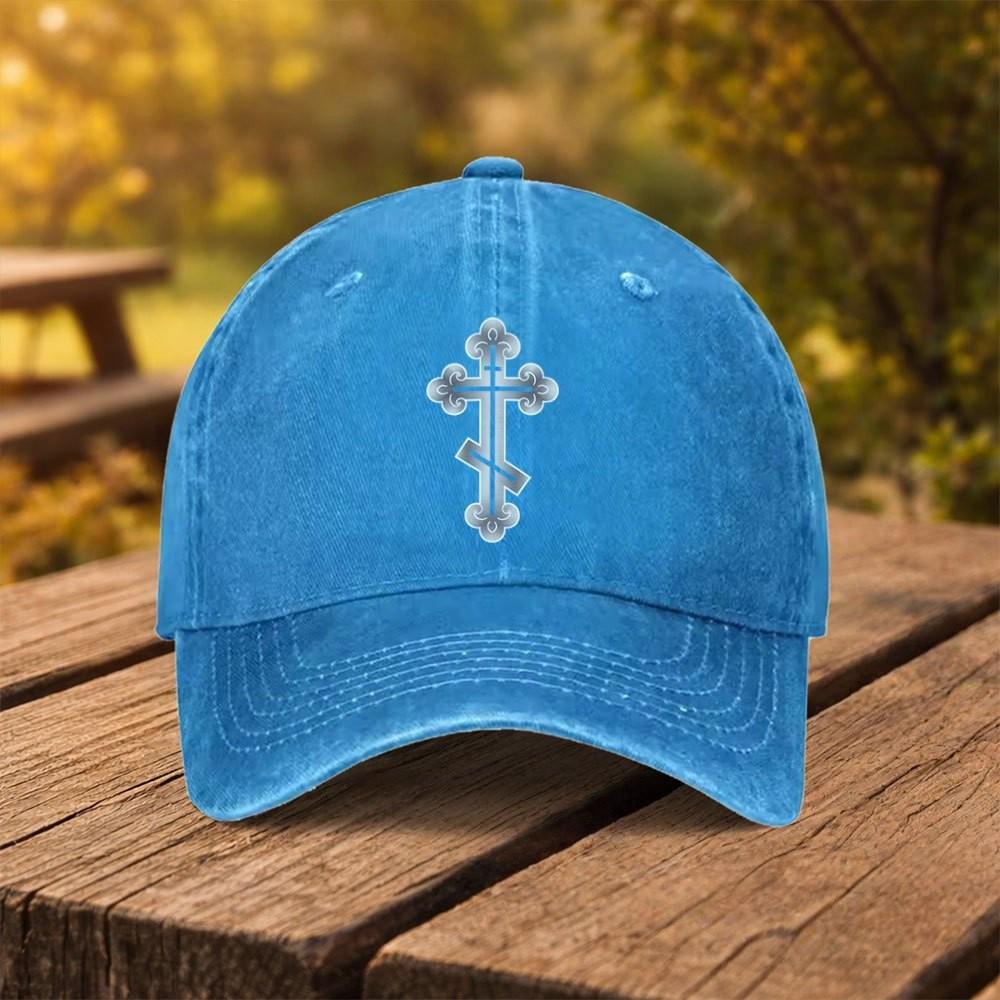 Orthodox Cross Print Washed Baseball Cap Adjustable Unisex Denim Outdoor Sports Hat