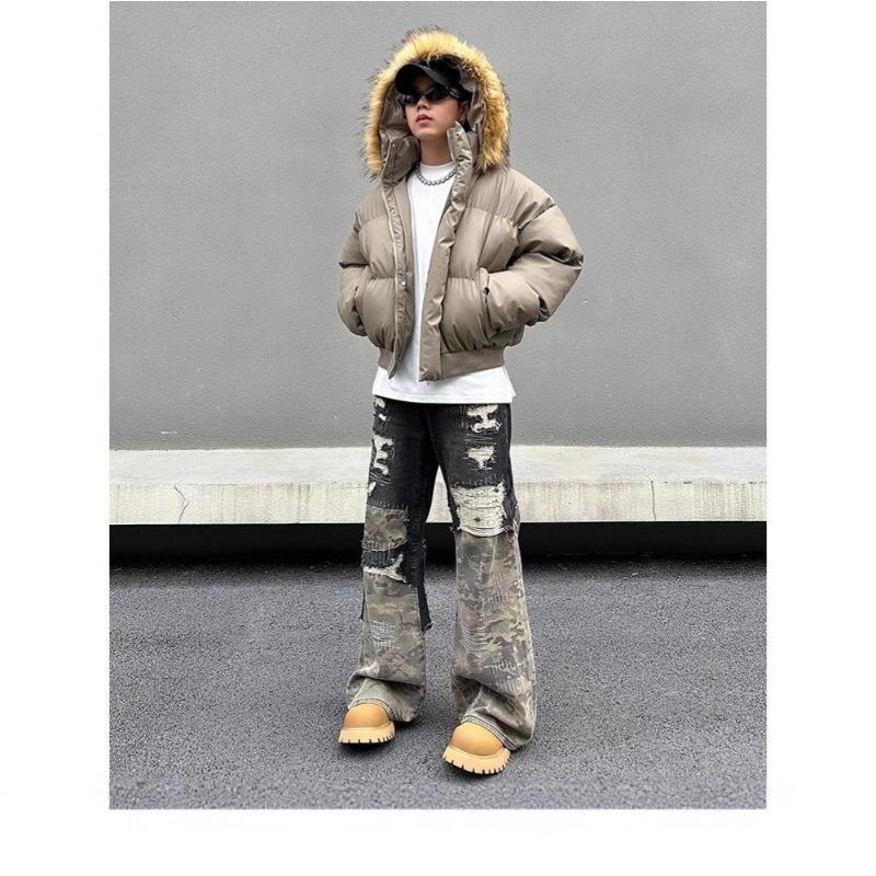 Couple's Winter Leather Down Jacket: Short, Loose, Thickened with Large Fur Collar and Hood.